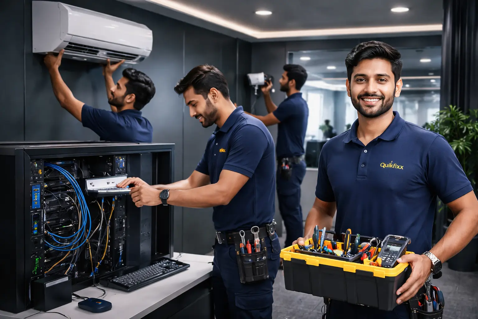 Professional AC technician repairing unit in Shimoga
